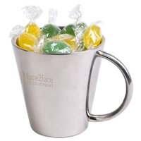 LL55066s Promotional Confectionery Assorted Corporate Colour Fiesta Fruits in Stainless Steel Mugs