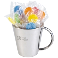 LL8504s Promotional Confectionery Lollipops in Stainless Steel Mugs